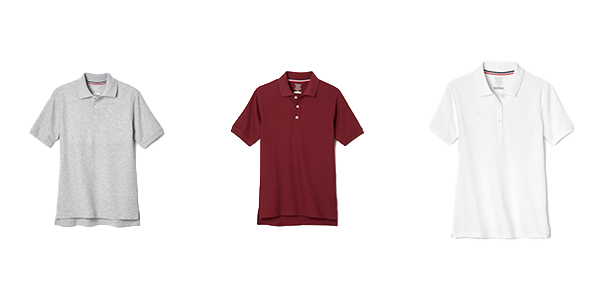 Burgundy, gray, or white uniform top with collar.