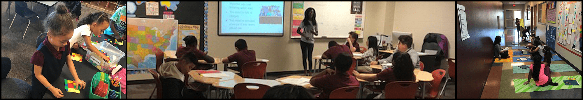 Female student working on a project in class, a teacher using a projector to teach students and students sitting on yoga mats in a hallway