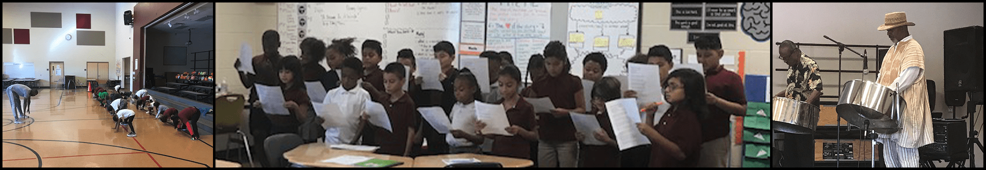 Students stretching in the gym with a coach, students performing in a choir in a classroom and two men playing drums