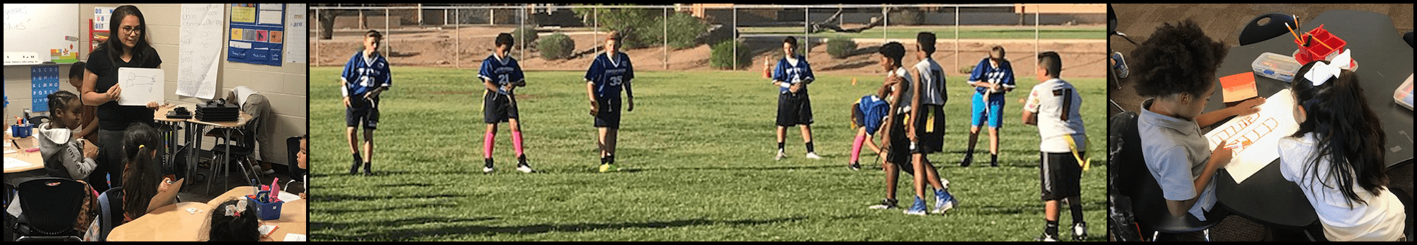 Teacher using a whiteboard to teach students, students playing a sport on a field and two students writing on a piece of paper with marker